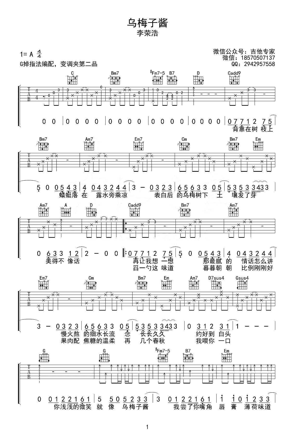 乌梅子酱吉他谱-李荣浩-弹唱六线谱-1