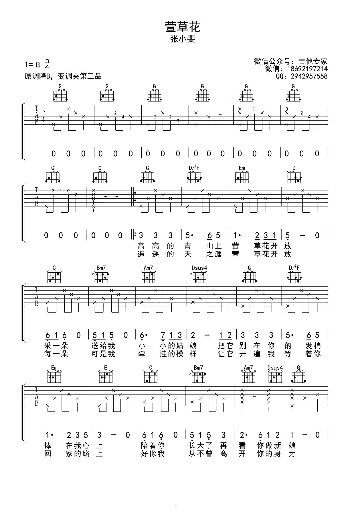萱草花吉他谱-张小斐-G调弹唱谱-1
