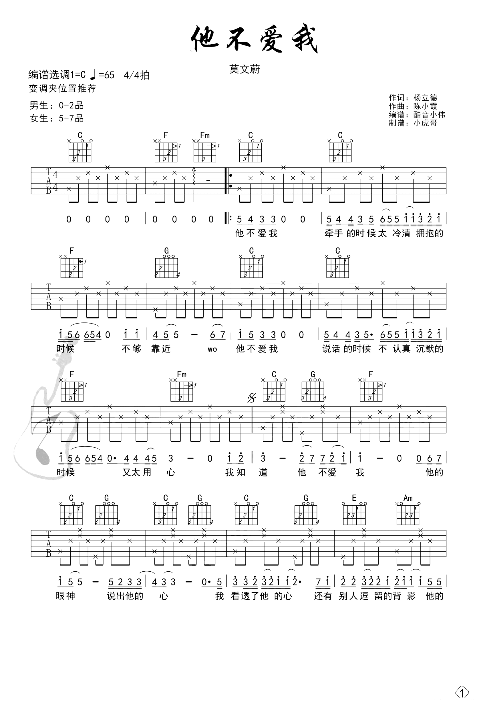 莫文蔚 他不爱我吉他谱 初级版