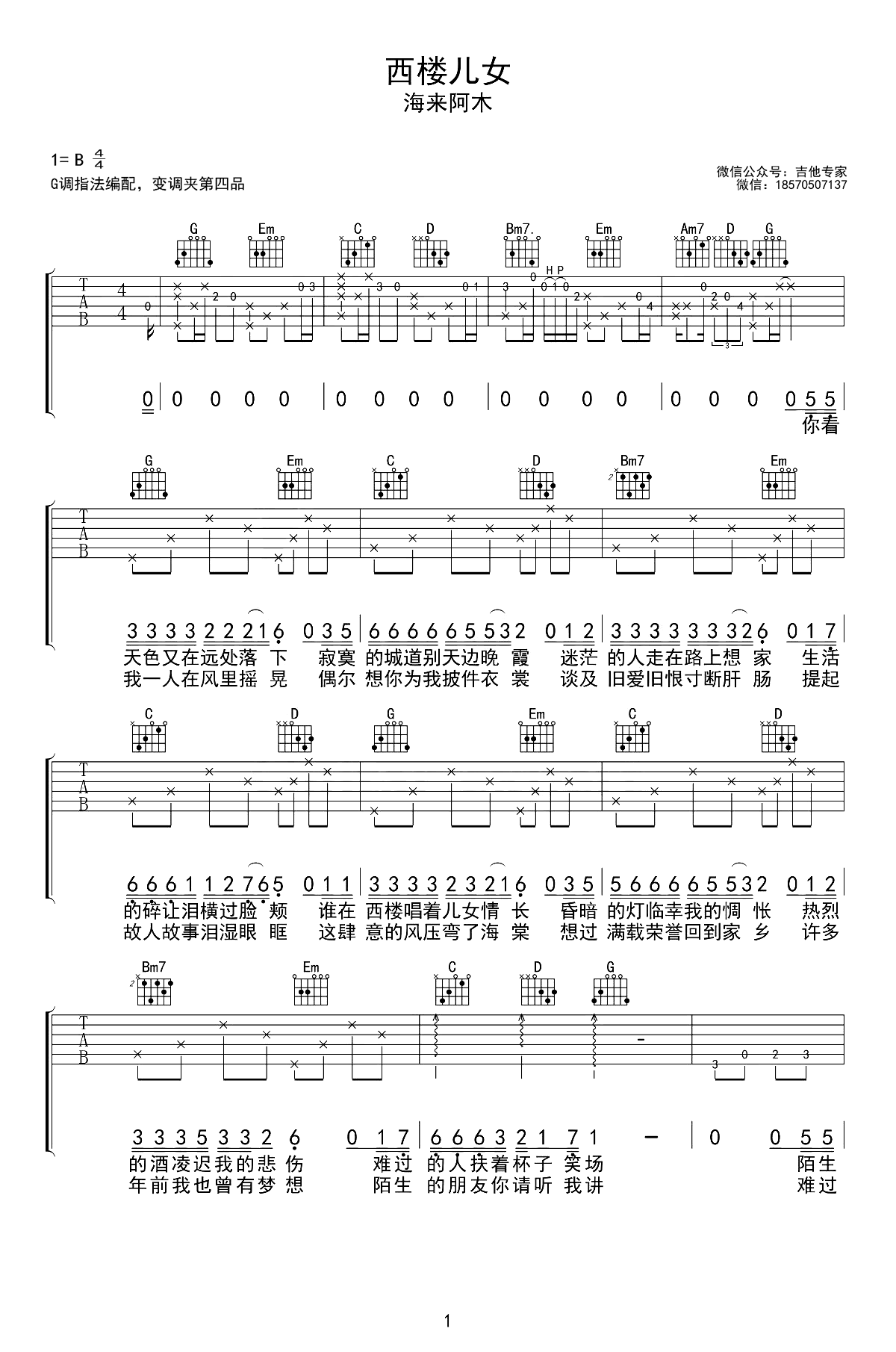 西楼儿女吉他谱-海来阿木-弹唱六线谱