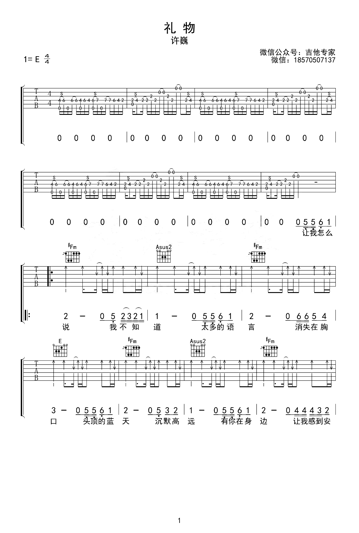 礼物吉他谱-许巍--吉他弹唱谱