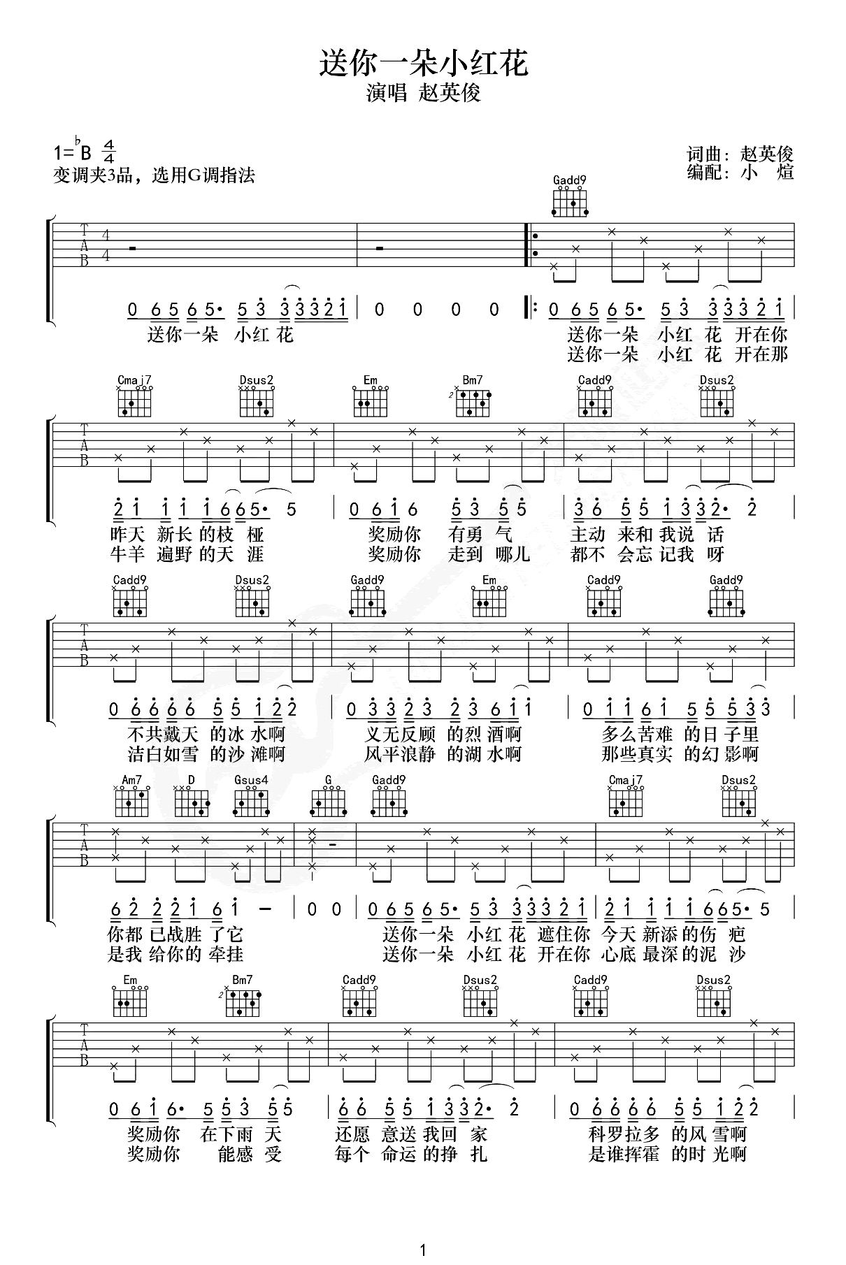 送你一朵小红花吉他谱_赵英俊_G调弹唱六线谱