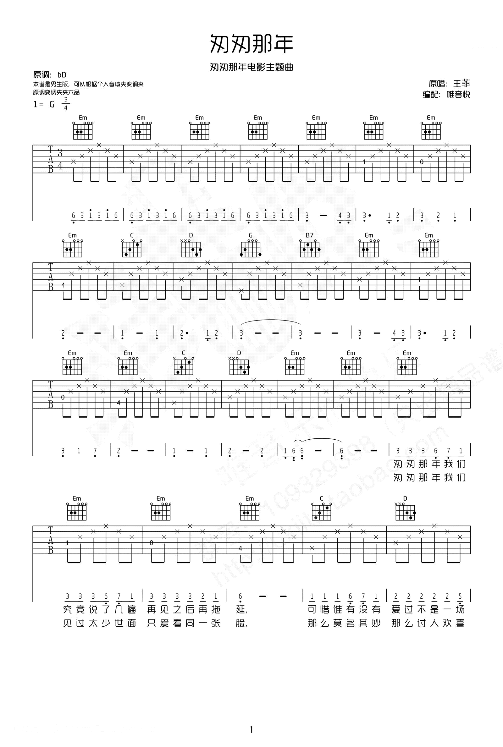 匆匆那年吉他谱-王菲-男生版-弹唱六线谱