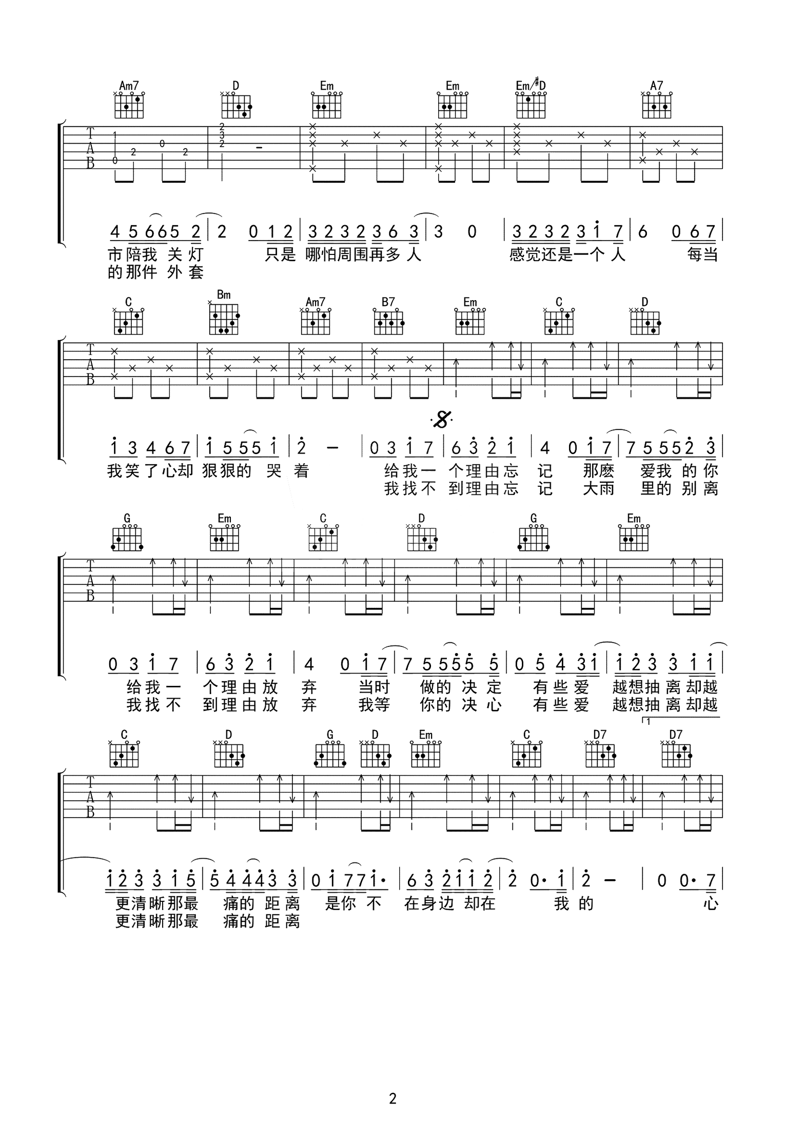 给我一个理由忘记吉他谱-黄丽玲A-Lin-弹唱六线谱