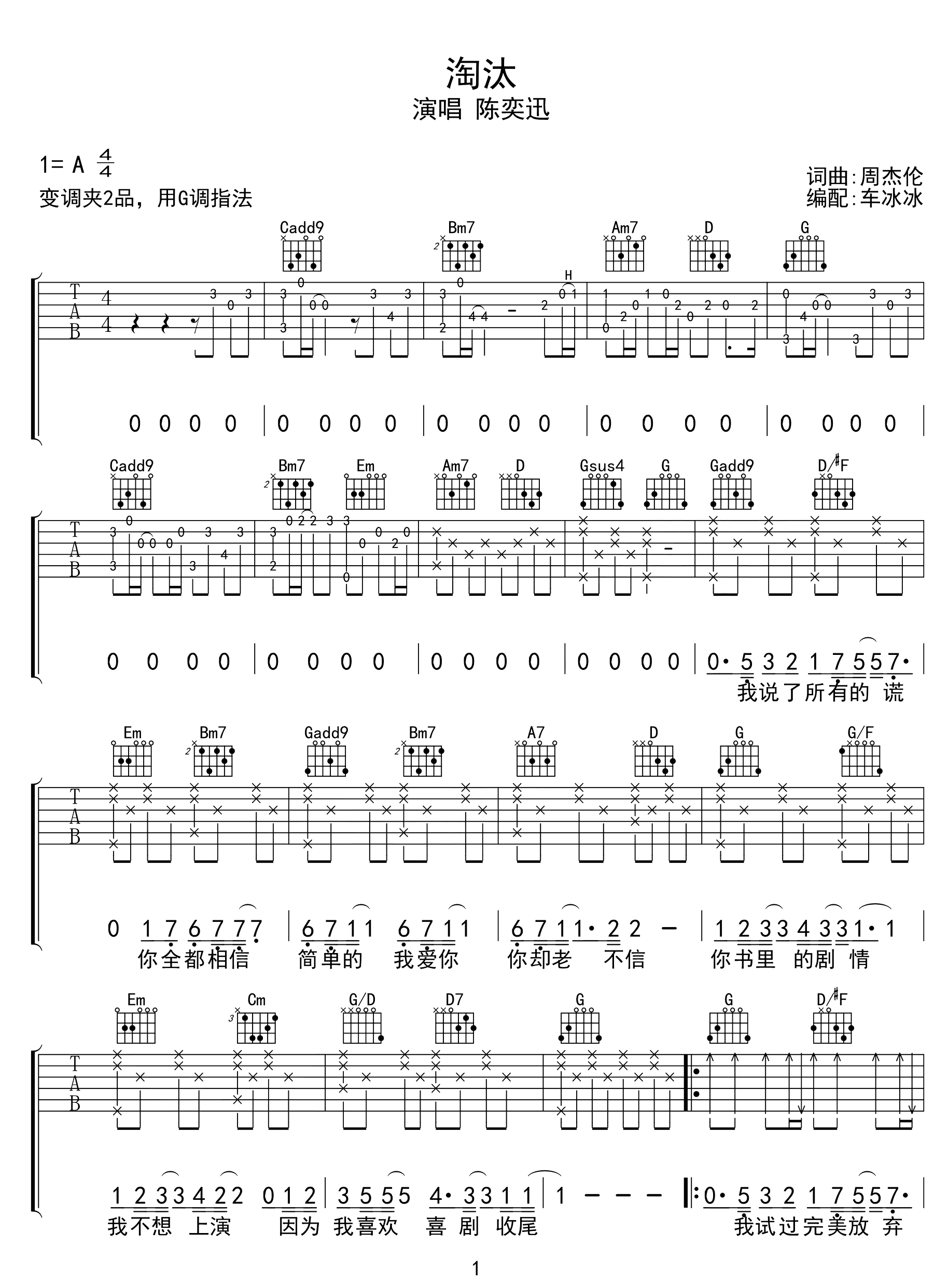 淘汰吉他谱-G调指法-陈奕迅-优易谱