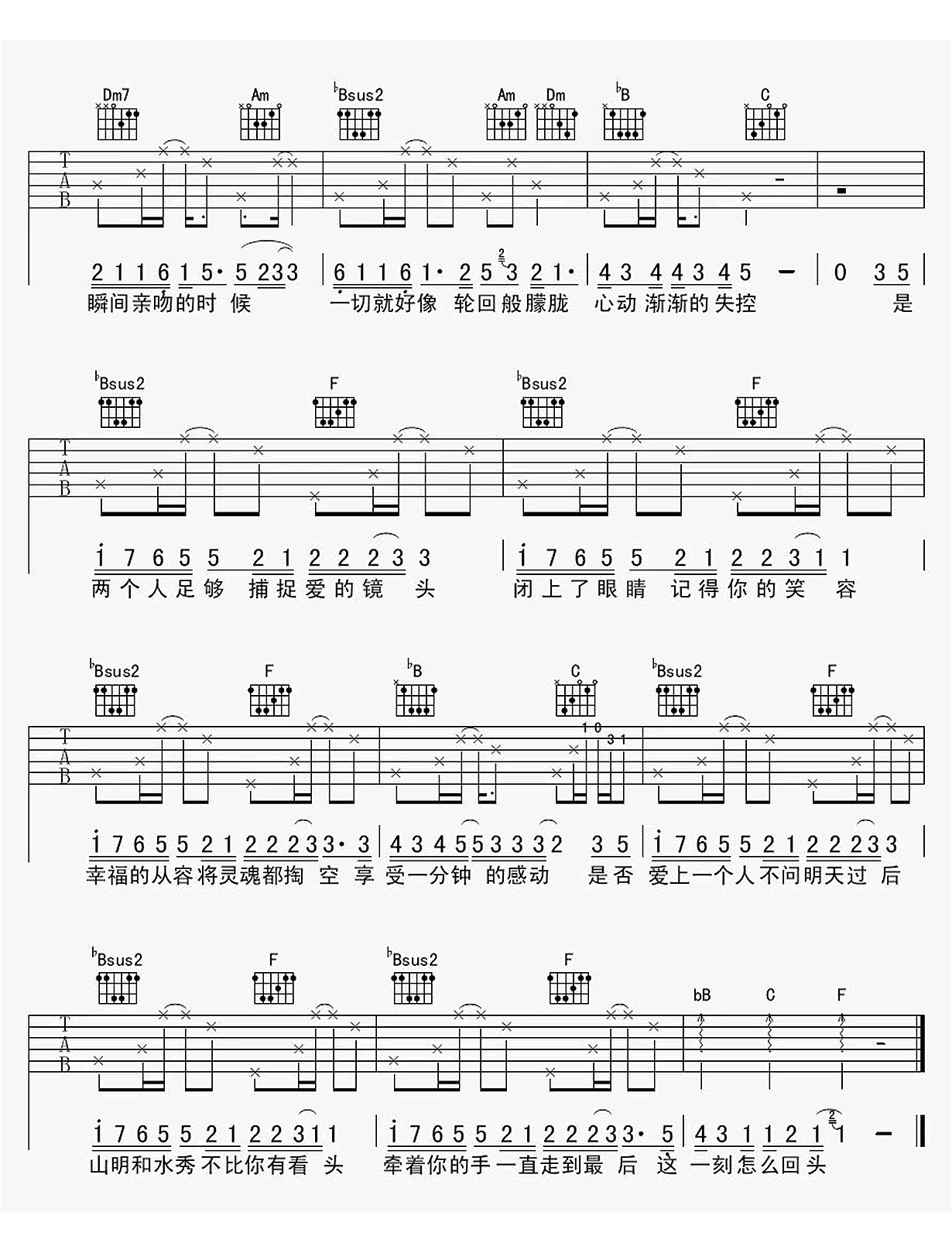 明天以后吉他谱-张杰-F调指法-优易谱