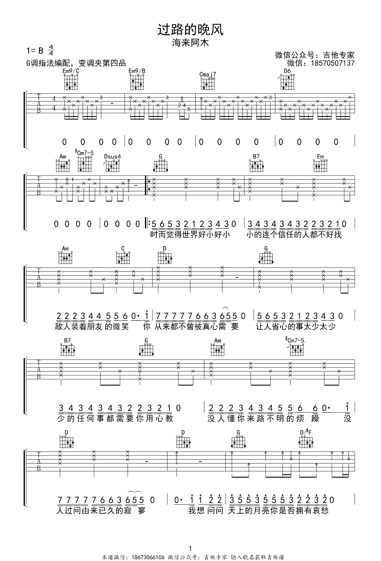 过路的晚风吉他谱-海来阿木-弹唱六线谱