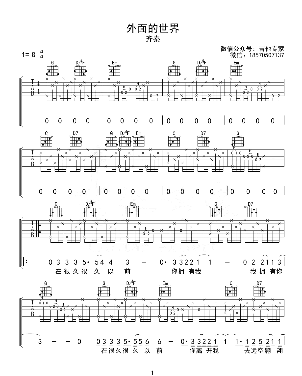 外面的世界吉他谱_齐秦_G调原版_弹唱示范视频