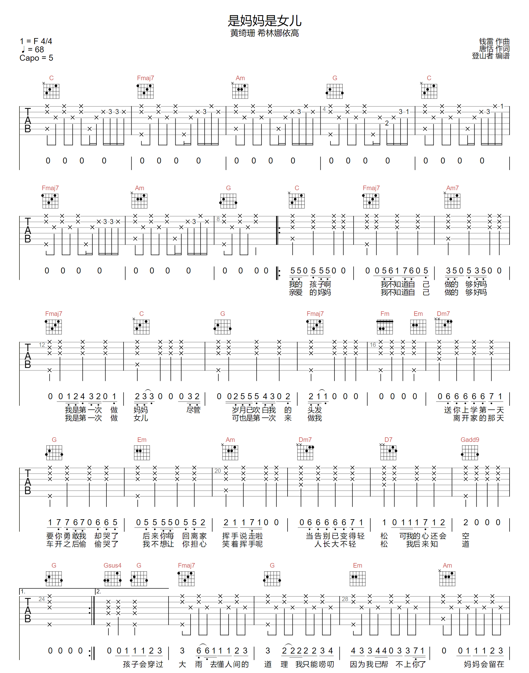 是妈妈是女儿吉他谱-黄绮珊/希林娜依-C调指法-优易谱