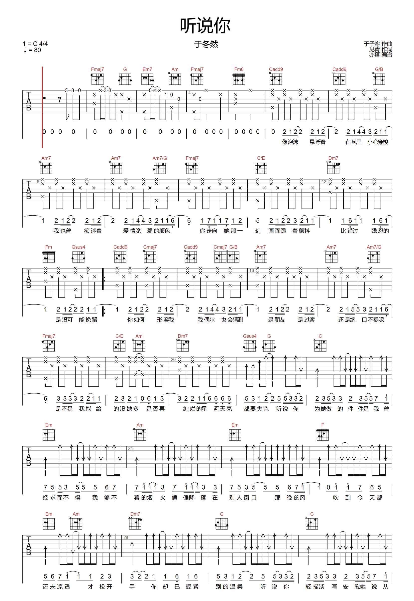 听说你吉他谱-于冬然-C调指法-优易谱