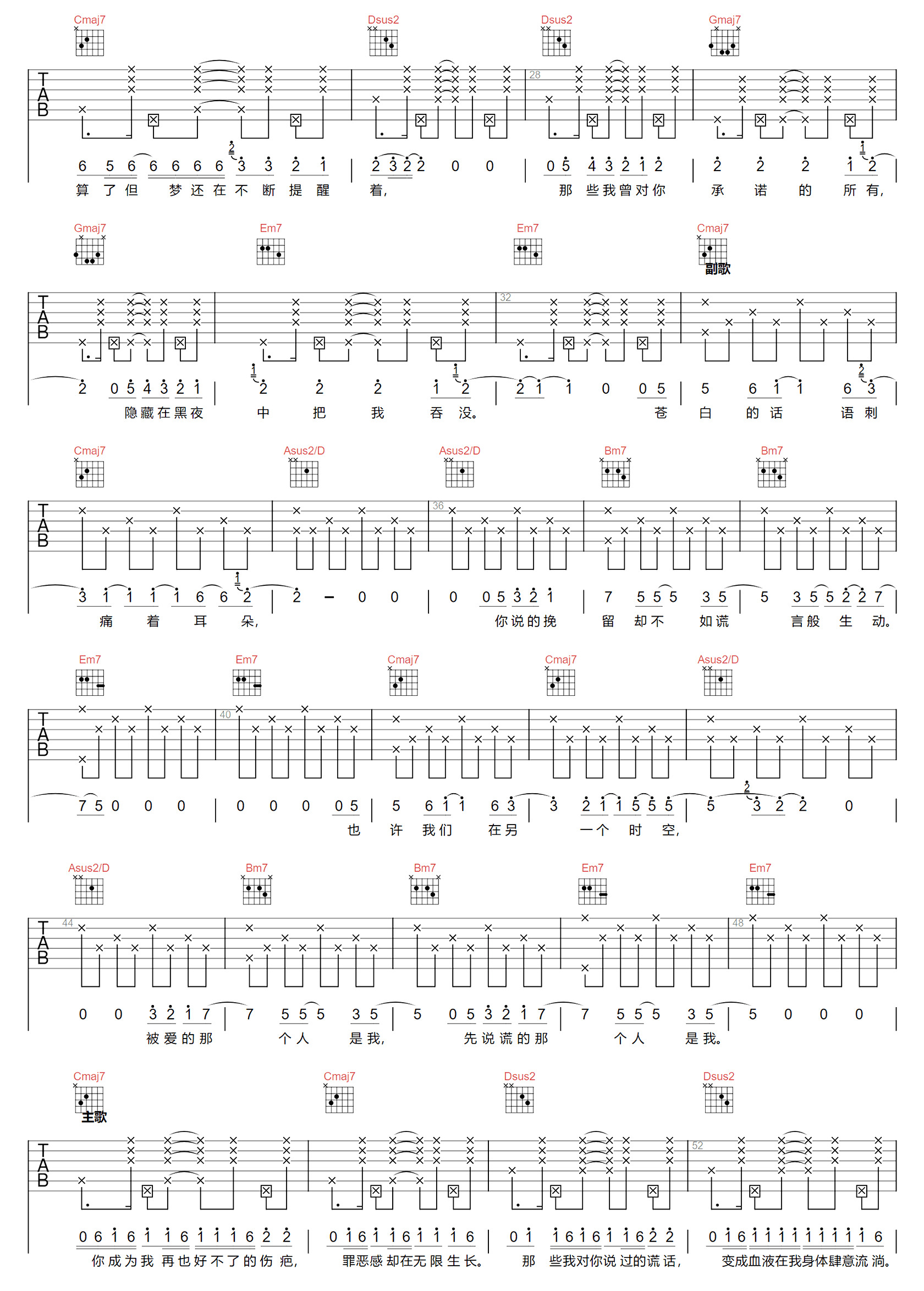 先说谎的人吉他谱-H3R3-G调指法-优易谱