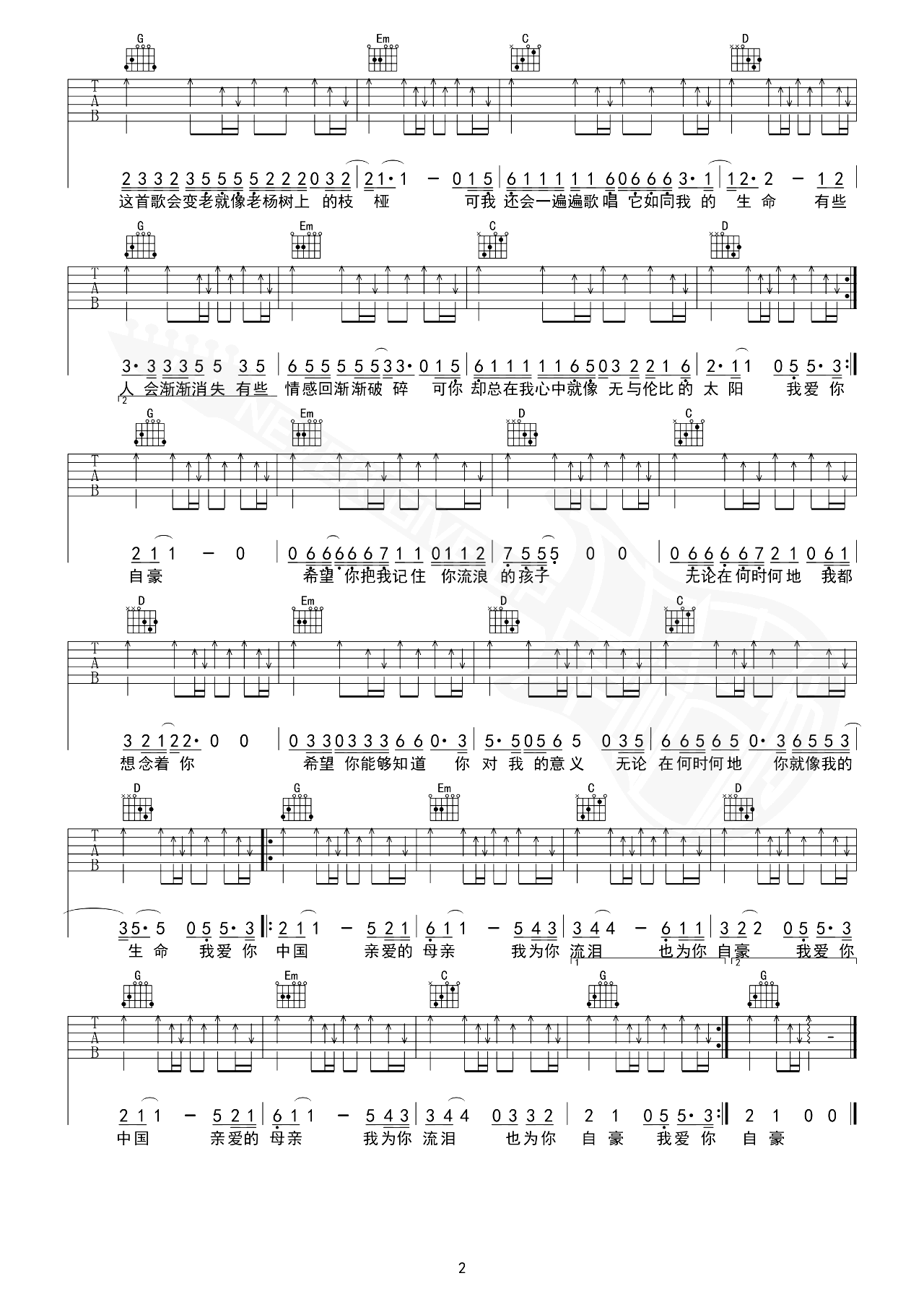 我爱你中国吉他谱_汪峰_超级简单版_弹唱教学视频