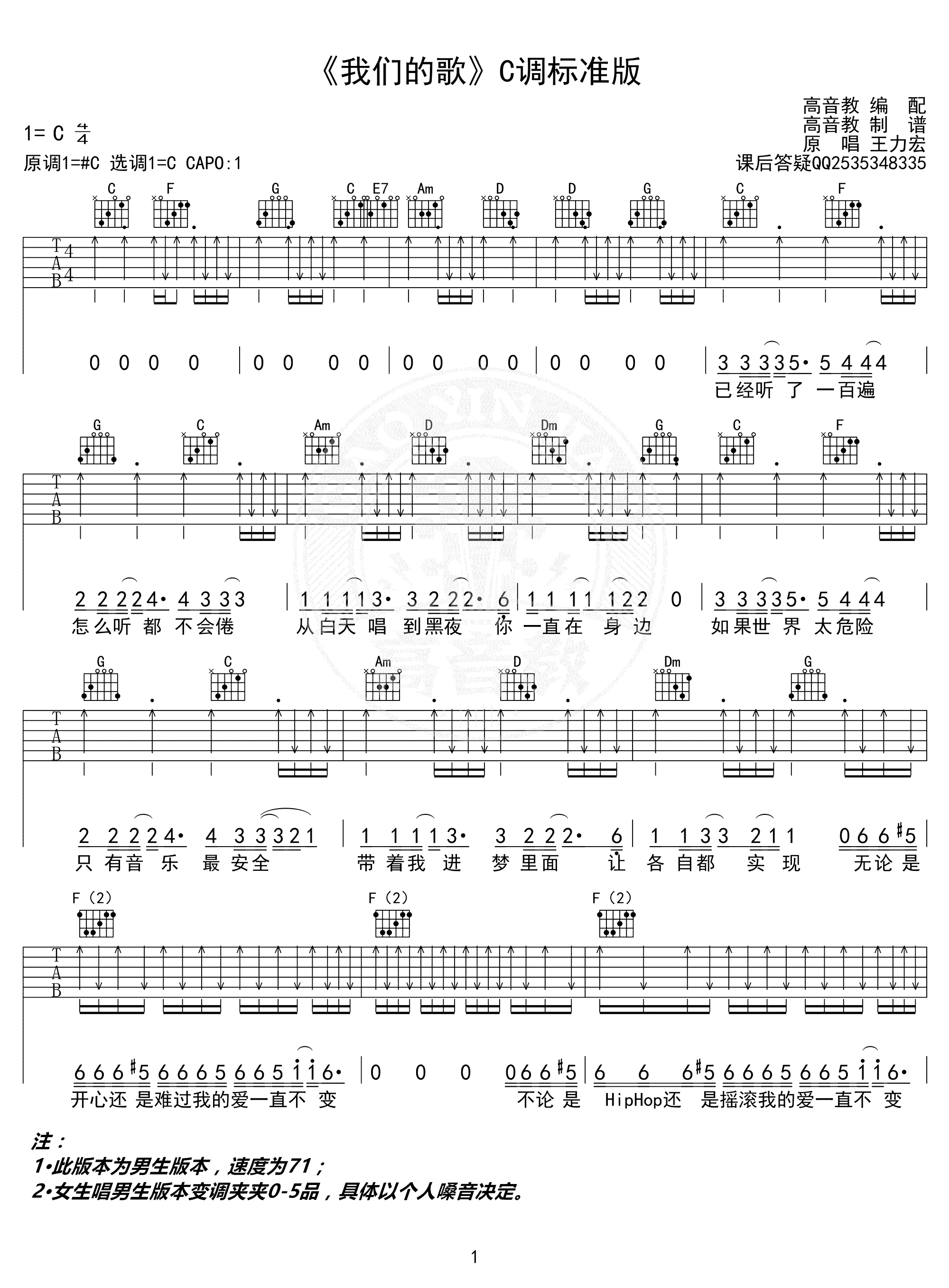 我们的歌吉他谱_王力宏_C调弹唱谱_吉他教学视频