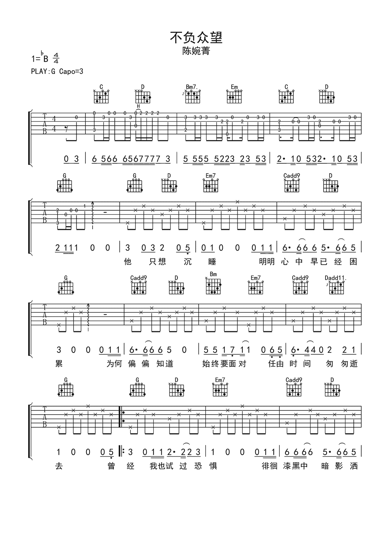 不负众望吉他谱-陈婉菁-弹唱六线谱
