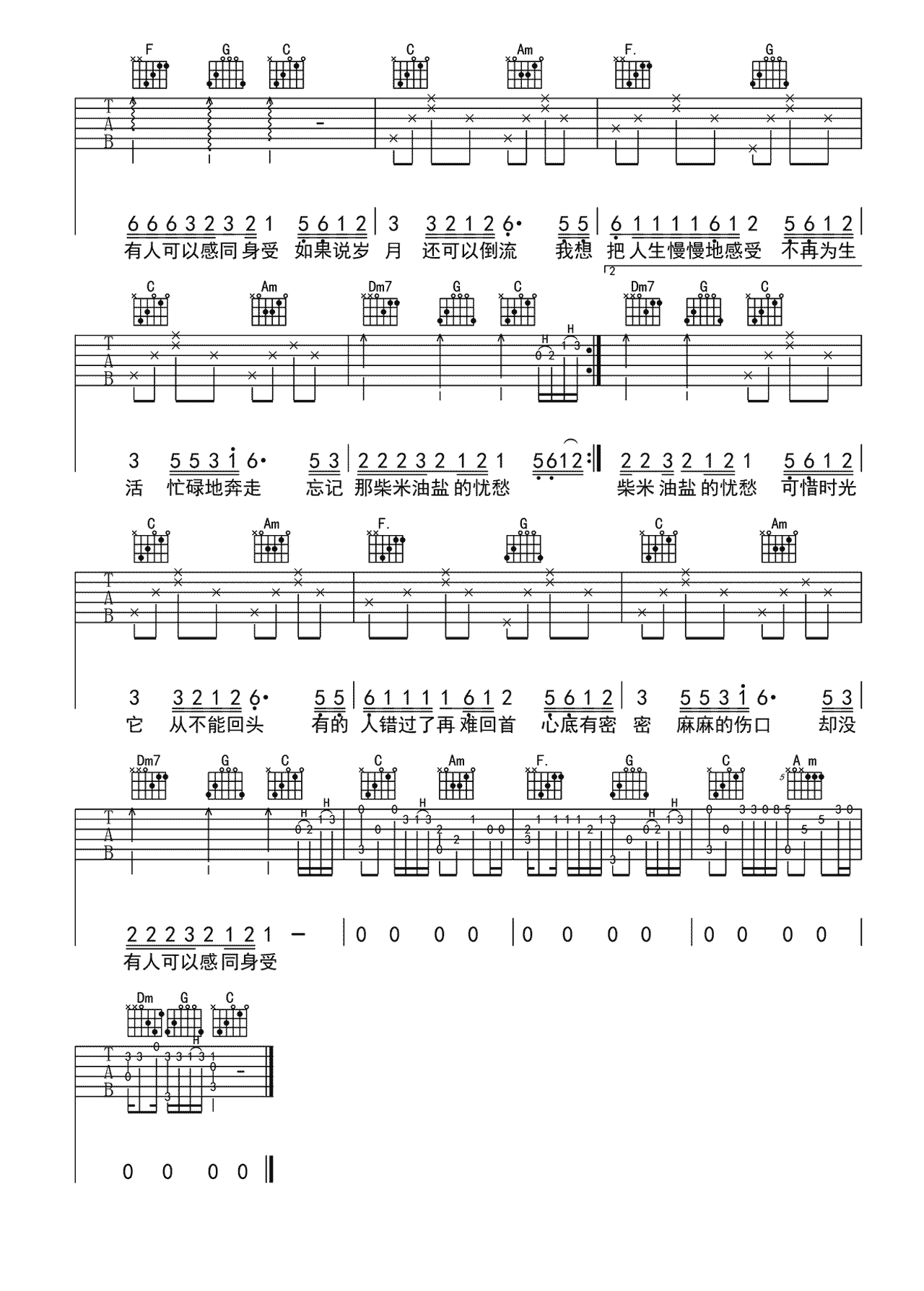 如果岁月能倒流吉他谱-郑畅业-C调简单版-完整六线谱