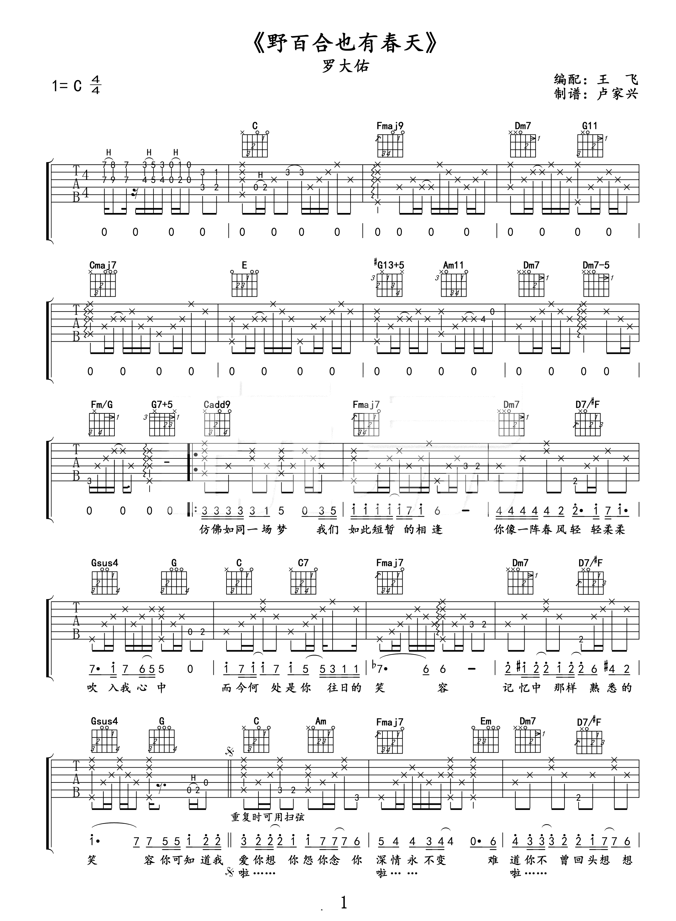 野百合也有春天吉他谱-罗大佑-C调弹唱谱-高清完整版